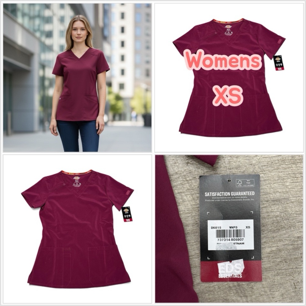 Dickies EDS XS Scrub Top Shirt Maroon Wine Scrubs 3 Pockets Short Sleeve New